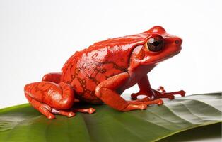 rouge grenouille studio portrait. au dessus le feuilles sur une blanc Contexte. génératif ai photo