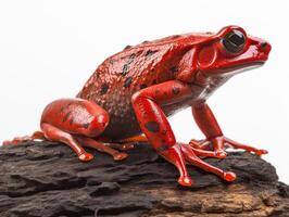 rouge grenouille studio portrait. au dessus une arbre tronc sur une blanc Contexte. génératif ai photo