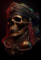 illustration de un vieux crâne pirate sur planche une bateau, une portrait de une capitaine, une mer loup, noir arrière-plan, généré ai photo
