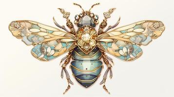 génératif ai, magnifique mon chéri abeille broche, opale pierre et d'or Couleur palette isolé sur blanc Contexte. bijouterie, bijoux proche en haut photo