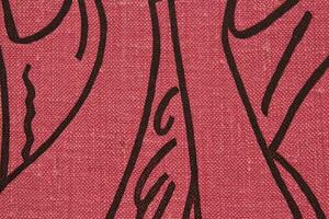 fond de conception abstraite de texture d'intersection rose à gros grains de tissu rugueux avec des lignes peintes noires entrelacées. toile de lin sac textile toile toile de jute. gros plan, maquette, vue de dessus photo