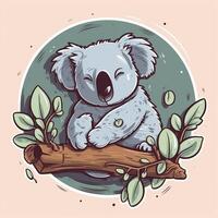 mignonne koala avec gros rond oreilles et somnolent yeux, câlins une branche de eucalyptus et rêver de aventures ai généré photo
