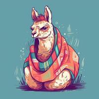 excentrique lama avec une coloré couverture sur ses dos, toujours prêt à cracher certains humour ai généré photo