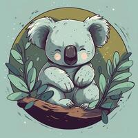 bébé koala avec gros rond oreilles et somnolent yeux, câlins une branche de eucalyptus et rêver de aventures ai généré photo