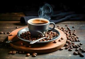 chaud café tasse avec café haricots, fond d'écran café photo