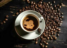 chaud café tasse avec café haricots, fond d'écran café photo