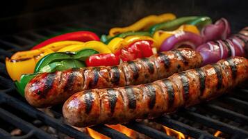 grillé saucisses et des légumes sur une flamboyant un barbecue gril. une délicieux nourriture affiche pour été à manger. génératif ai photo