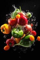noir Contexte avec un assortiment de Frais légumes, des fruits, et l'eau éclaboussures. en bonne santé aliments. génératif ai. photo
