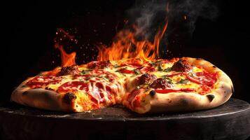 bois mis à la porte Pizza avec salami, poivre et fromage sur une en bois planche avec fumée et flammes. noir toile de fond. génératif ai photo