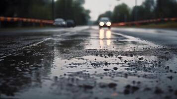 humide à le milieu de le route surface de le pluie floue bokeh Contexte. photo