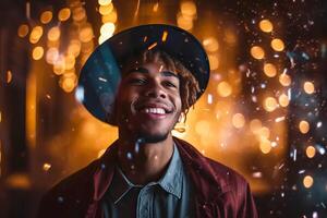 portrait de noir américain Jeune homme portant une l'obtention du diplôme casquette dansant à le faire la fête. de fête bokeh Contexte. génératif ai illustration photo