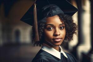 magnifique noir américain femme portant une l'obtention du diplôme casquette. étude, éducation, université, collège, diplômé concept. génératif ai illustration photo
