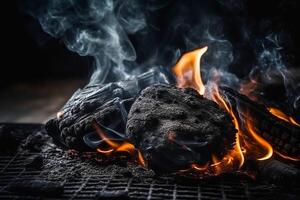 charbon flammes Contexte pour barbecue. vide brûlant charbon pour produit placement. génératif ai illustration photo