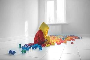 monde autisme conscience journée. sans visage enfant en jouant avec coloré puzzles dans un vide blanc chambre. génératif ai illustration photo