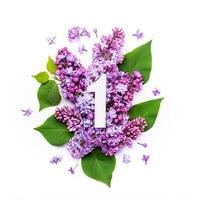 papier nombre un sur Contexte de lilas fleurs. minimal Créatif disposition avec Naturel éléments pour votre conception photo