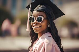 magnifique noir américain femme portant une l'obtention du diplôme casquette. étude, éducation, université, collège, diplômé concept. génératif ai illustration photo