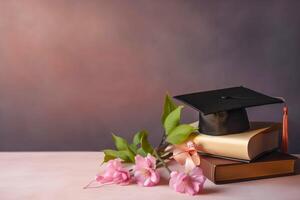 diplômé casquette, Pomme branche et académique livres. étude, éducation, université, collège, diplômé concept. génératif ai illustration photo