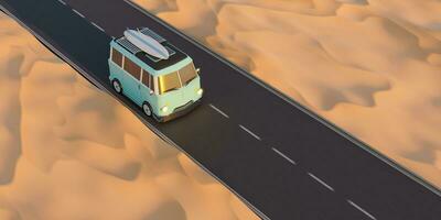 3d rendre rétro campeur conduite sur route dans désert zone photo