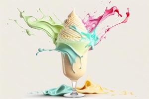 éclaboussure multicolore la glace crème dans une verre bol. éclaboussure et gouttes de crème, Milk-shake. abstrait illustration de pastel couleurs sur une blanc Contexte. ai généré. photo