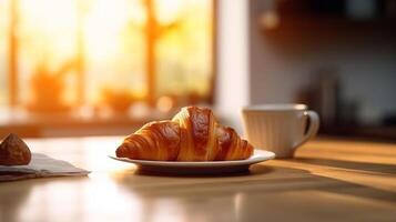 Matin café avec croissant. illustration ai génératif photo