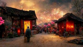 ancien chinois village, chinois Nouveau année, pêche fleur fleurir, multi feu d'artifice dans le ciel, animé marché, flétri des arbres. content Nouveau année concept. produire ai photo