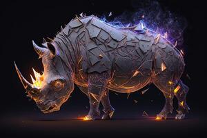 génératif ai la fusion de métal rhinocéros exploser par Feu entouré par épars verre fragments et débris, cosmique énergie photo