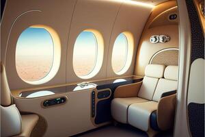 luxueux premier classe avion siège avec beaucoup de les fenêtres. génératif ai visualisation de le VIP cabine de une affaires classe avion. intérieur de une privé jet photo