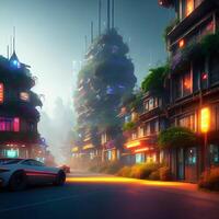 3d futur ville photoréaliste illustration de éclairé au néon village avec une des sports voiture ai généré photo