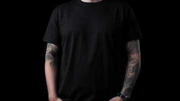 génératif ai, réaliste noir T-shirt moquer en haut Vide mettre sur Jeune homme, fond pour présentation publicité. Vide affaires concept photo