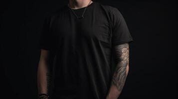 génératif ai, réaliste noir T-shirt moquer en haut Vide mettre sur Jeune homme, fond pour présentation publicité. Vide affaires concept photo