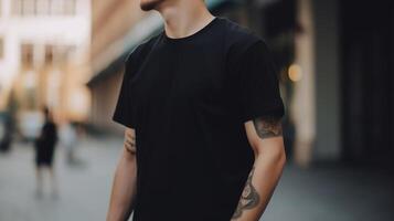 génératif ai, réaliste noir T-shirt moquer en haut Vide mettre sur Jeune homme, fond pour présentation publicité. Vide affaires concept photo