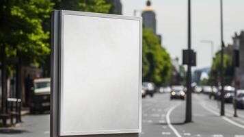 génératif ai, réaliste rue gros panneau d'affichage ou affiche moquer en haut Vide pour présentation publicité. Extérieur signe Vide dans le futuriste ville, affaires concept photo