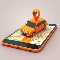 en ligne mobile application Taxi commande un service , Orange Taxi voiture conduite le long de le route à le marqueur sur une intelligent téléphone, sur une ville carte. voiture et Satellite la navigation systèmes concept. génératif ai photo