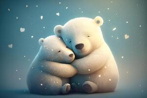 deux mignonne polaire étreinte ensemble dans blanc neige Contexte. mère et bébé polaire ours câlins comme famille dans neige dans l'hiver. génératif ai photo