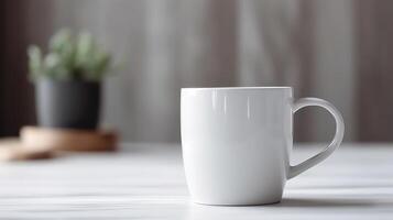 génératif ai, blanc céramique tasse installer dans à Accueil intérieur, agresser moquer en haut blanc. photo