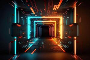 abstrait néon lumières dans numérique La technologie tunnel. futuriste La technologie abstrait Contexte avec lignes pour réseau, gros données, Les données centre, serveur, l'Internet, vitesse. génératif ai La technologie photo