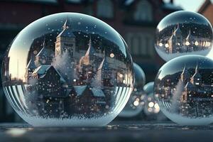 Noël blanc décorations sur neige avec sapin arbre branches. hiver décoration Contexte. concentrer de minuscule liquide miroir des balles chute de le ciel , chaque contenant une minuscule parfait ville à l'intérieur photo