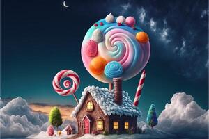 Noël décorations avec coloré pain d'épice rose maison et coloré bonbons sur blanc nuage. hiver vacances Nouveau année et Noël composition. incroyable Fée Noël maison. génératif ai photo