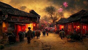 ancien chinois village, chinois Nouveau année, pêche fleur fleurir, multi feu d'artifice dans le ciel, animé marché, flétri des arbres. content Nouveau année concept. produire ai photo