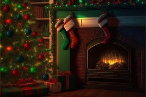 magnifique vacances décoré pièce avec Noël arbre, cheminée et avec présente. confortable hiver scène. chaud Couleur décor intérieur. cheminée avec Noël bas, génératif ai photo