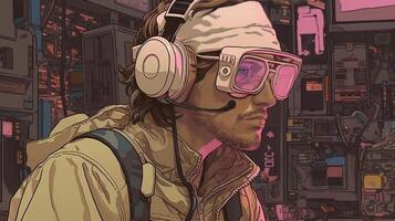 génératif ai, la personne dans lunettes, cyberpunk anime style inspiré par Josan Gonzalez. lumière Jaune et rose couleurs, virtuel réalité concept photo