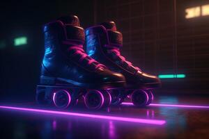 génératif ai, rouleau patin dans cyberpunk style, disco nostalgique années 80, années 90. néon nuit lumières vibrant couleurs, photoréaliste horizontal illustration de le futuriste ville. sport activité concept. photo