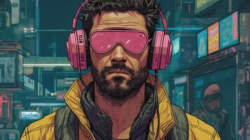 génératif ai, la personne dans lunettes, cyberpunk anime style inspiré par Josan Gonzalez. lumière Jaune et rose couleurs, virtuel réalité concept photo