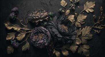 génératif ai, proche en haut de épanouissement parterres de fleurs de incroyable noir fleurs sur foncé gothique de mauvaise humeur floral texturé Contexte. photoréaliste effet. photo