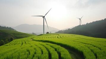 génératif ai, vent turbines dans une champ, vert ferme paysage. écologiquement respectueux de la nature Puissance génération. renouvelable énergie source. photo