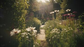 génératif ai, magnifique été privé jardin avec beaucoup fleurs et végétaux, la nature paysage, Anglais campagne chalet style photo