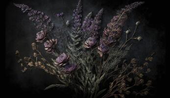 génératif ai, proche en haut de épanouissement parterres de fleurs de incroyable lavande violet fleurs sur foncé de mauvaise humeur floral texturé Contexte. photoréaliste effet. photo