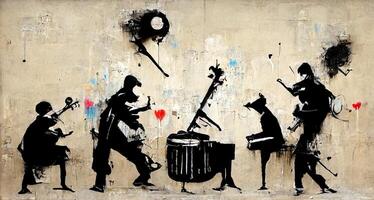 génératif ai, abstrait rue art avec clés et musical instruments silhouettes. encre coloré graffiti art sur une texturé papier ancien arrière-plan, inspiré par banky photo