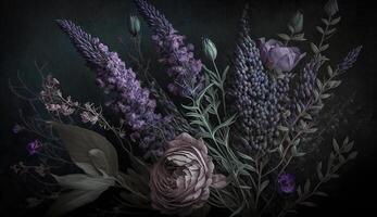 génératif ai, proche en haut de épanouissement parterres de fleurs de incroyable lavande violet fleurs sur foncé de mauvaise humeur floral texturé Contexte. photoréaliste effet. photo