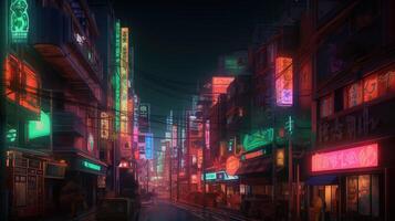 génératif ai, nuit scène de ville dans cyberpunk style, futuriste nostalgique années 80, années 90. néon lumières vibrant couleurs, photoréaliste horizontal illustration. photo